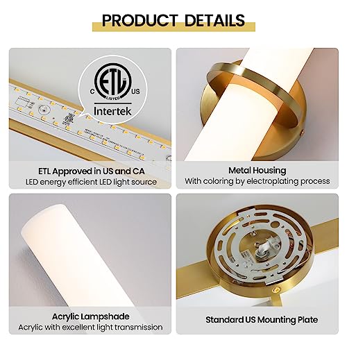 Hardwired Wall Sconces Set of Two 18 Inch Gold Bathroom Wall Sconces 18W 2700K (2 Count)