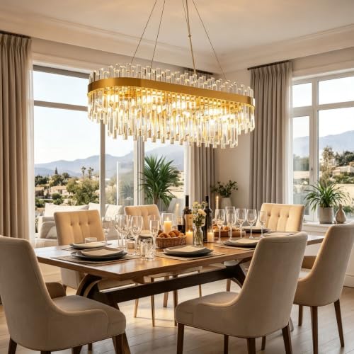 35.4" Brushed Gold Rectangular Crystal Chandelier Dining Room Kitchen