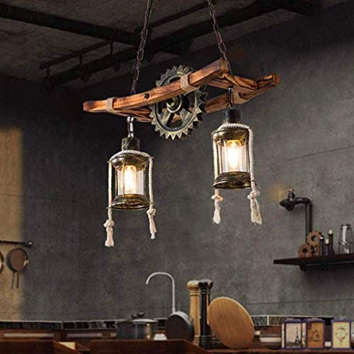 Wood Retro Pendant Lighting Industrial Vintage Chandelier Black Metal Bedroom Restaurant Suspension Lamp Cage Frame with Glass Shade House Loft Bar Coffee Decoration Ceiling Lights Fitting