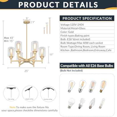 6 Light Gold Farmhouse Chandeliers for Dining Room Light Fixture 25"