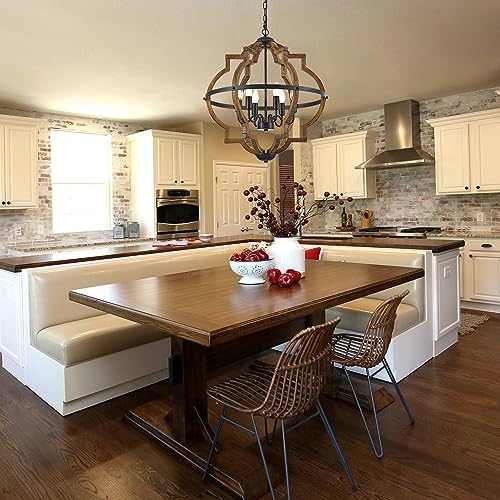 22.83" 6 Light Brown Oak Wood Drum Pendant Light for Dining Room