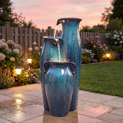 30" Ceramic Vase Water Fountain Outdoor with LED Lights