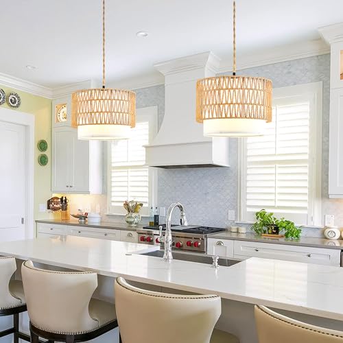 Boho Plug in Pendant Light Rattan Hanging Lights with Plug in Cord (White-circular column / 12)