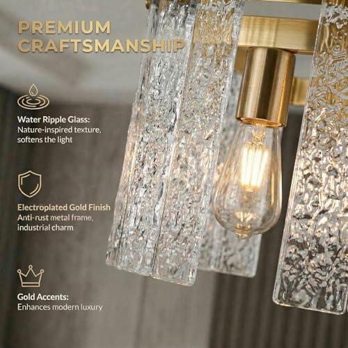 36" Gold Crystal Ripple Glass Rectangle Pendant Chandelier 5
