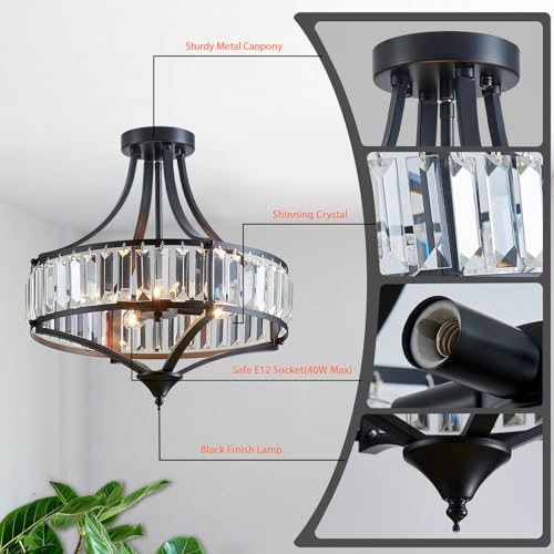 Black Crystal Chandelier Semi Flush Mount Ceiling Light Fixture Round Rustic Farmhouse 4