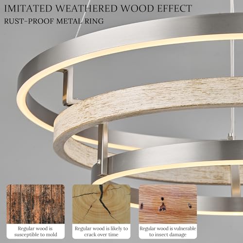 5 Ring LED Chandelier Modern Chandelier Weathered Wood Nickel Dimmable 31''