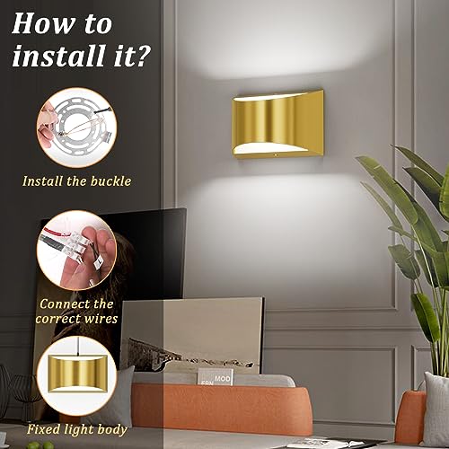 Brushed Brass Wall Sconce Indoor Wall Lights Hardwired 1 Pack Up and Down Wall Mount Light for Living Room Bedroom Hallway Corridor Conservatory Cool White 6000K