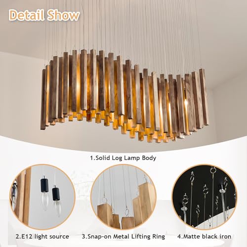 8 Light Wood Chandelier Light Fixture Boho Pendant Light Rustic Large Hanging lamp for Farmhouse Living Doom Entryway Entrance Dinning Room Foyer Kitchen
