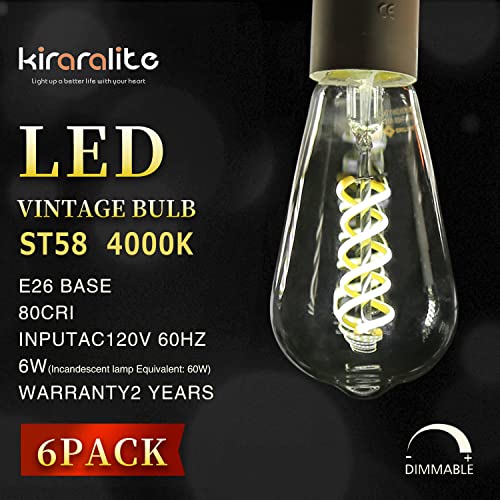 ST19(ST58) LED Edison Bulb, Vintage,6 Pack,Natural White 4000K, Antique Flexible Spiral LED Filament Light Bulb, Dimmable, 600LM, 6W Equivalent to 60W, E26 Base,Clear Glass (6 Count)