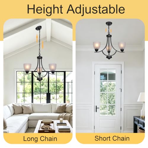 3 Light Shaded Contemporary Chandeliers with Alabaster Glass Black Rustic Light Fixtures Ceiling Hanging Mid Century Modern Pendant Lighting for Bed Room Dining Room Foyer Living Room
