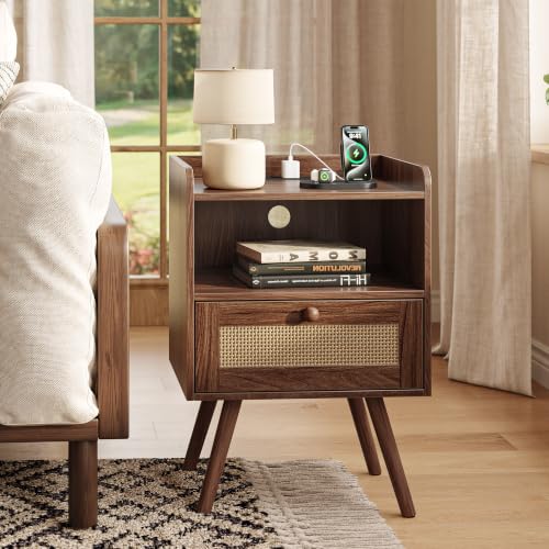 Nightstand with Charging Station & Rattan