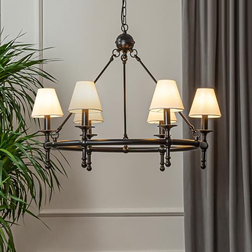 6 Lights W34in Vintage Matte Black Classic Lighting with White Pleated Fabric Chandeliers for Dining Room Mid Century Modern Large Round Ceiling Light for Classic Living Room