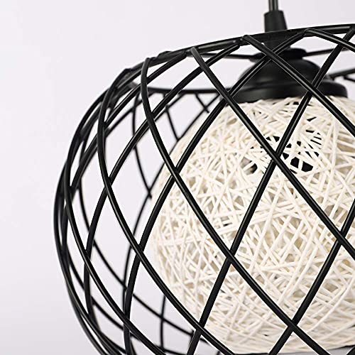 Black Metal Cage Rattan Pendant Light