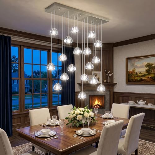 W35 x D11.8 x H118 Rectangular Chandelier Bubble Crystal Balls Glam Chandeliers Dimmable Light High Ceiling Pendants Light Fixtures Adjustable Long Lights Brushed Nickel