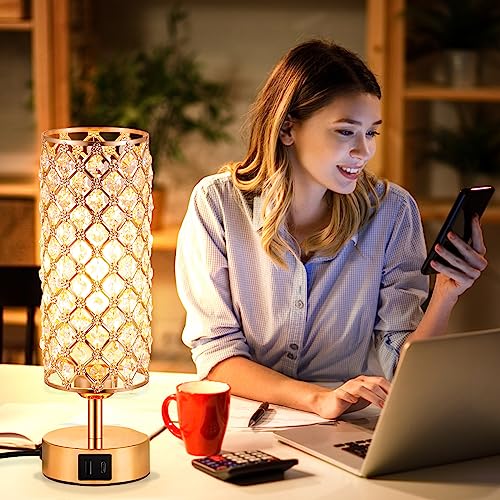 Gold Crystal Touch Lamp for Bedroom with USB