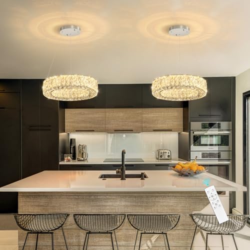 Modern Chandelier for Dining Room Dimmable LED Pendant Lights for Kitchen Island Lighting Silver Ring Crystal Chandeliers for Bedroom Entrance Living Room