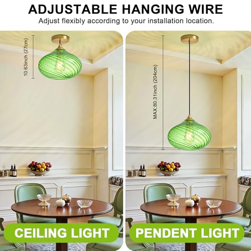 11in Gold Pendant Lights Kitchen Island with Green Glass Shade 1Pack