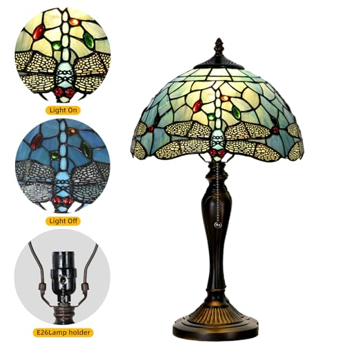 TL0023 Tiffany Style Dragonfly Table Lamp Stained Glass Blue Shade Reading Desk Light 12 X 20 Inches for Bedroom Living Room Home Office