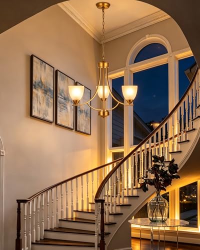 3 Light Retro Gold Finish Chandeliers with Alabaster Glass Shade