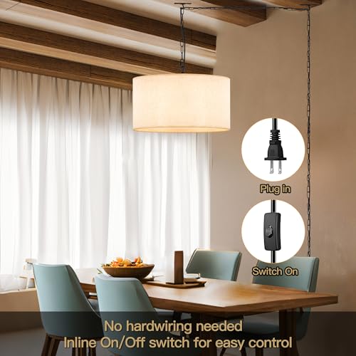 3 Light Plug in Pendant Light with Linen Drum Shade