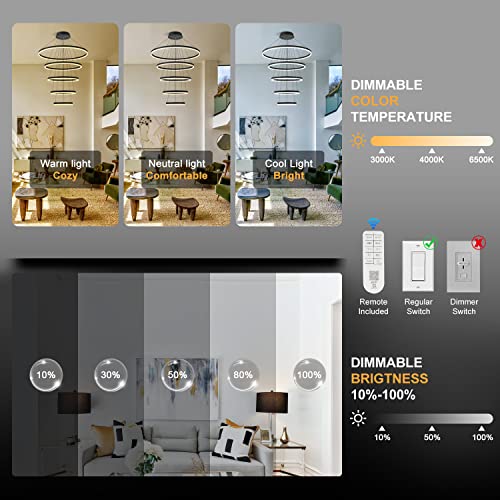 5 Rings Modern LED Chandelier Black Dimmable High Ceiling Chandelier for Dining Room with Remote Control for Foyer Living Room Entryway Staircase