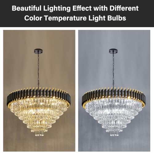 Modern Large Crystal Chandeliers Black and Gold 35" Round 7 Tiers 18 (19 Count)