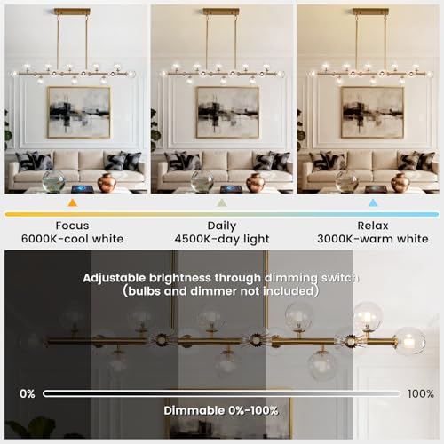 Gold Globe Chandelier Linear Rectangle Modern Chandelier Glass Pendant Light Fixture Adjustable for Dining Living Room Kitchen Island 55"