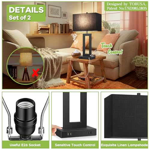 22" Black Modern Table Lamp Set of 2 with 2 USB Ports&AC Outlet (2 Count)