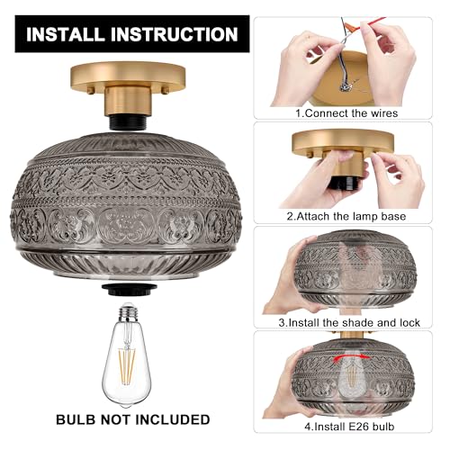 11" Gold Hallway Ceiling Light Fixture with Grey Glass for Hall Entry Way