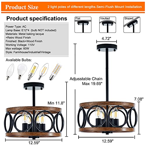 12.6" 4 Light Black Farmhouse Drum Pendant Light for Dining Room