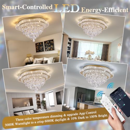 24" Gold Crystal Flush Mount Chandelier Modern LED Ceiling Light Fixture