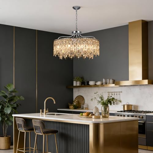 10 Lights Chrome Round Crystal Chandeliers for Dining Room 28"