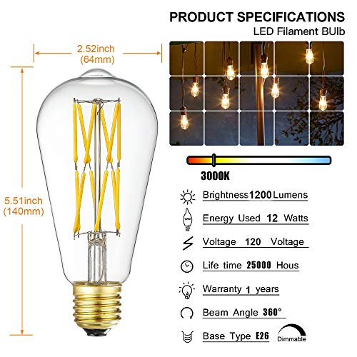 LED Edison Bulb Dimmable 12W 3000K Soft White 1200LM (2 Count)