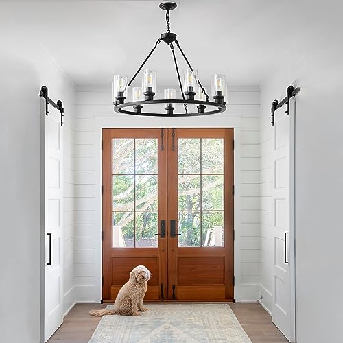 Black Wagon Wheel Chandelier 32 Inch Modern Farmhouse Glass Pendant Light 9