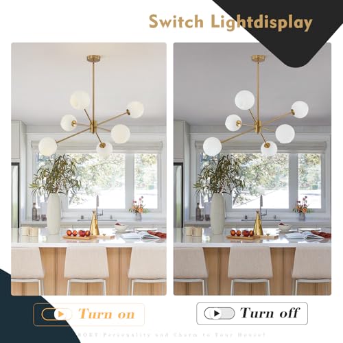 6 Lights Modern Sputnik Chandeliers Globe Light Fixture Farmhouse Milk Glass Pendant Lights Kitchen Island Gold and White Sputnik Hanging Light Vintage Brushed Brass Ball Chandelier