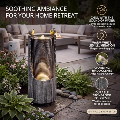 32" Faux Stone Outdoor Water Fountain with LED Lights