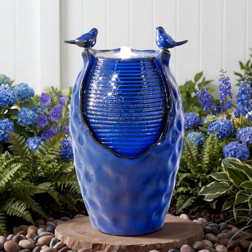 Autodaya 25" Ceramic Jar Outdoor Water Fountain with Hammered Texture