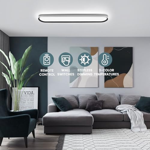 Modern LED Ceiling Light Dimmable Linear Ceiling Light 39.4in Semi Flush Mount Long Lights with Remote Control and Side Lighting for Living Room Kitchen Dining Room (2 Count)