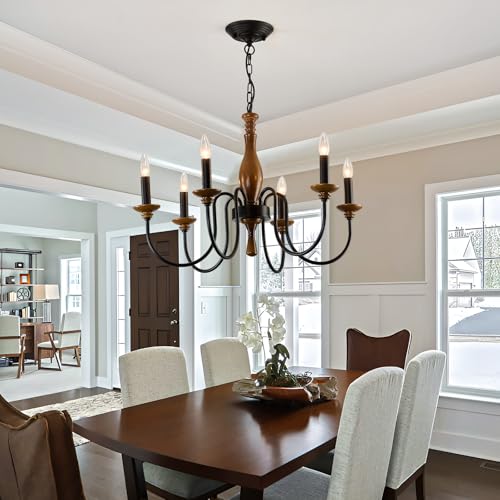 Farmhouse Wood Chandelier for Dining Room Rustic Candle Ceiling Chandelier Black Adjustable Hanging Light Fixture for Kitchen Living Room Foyer Entryway