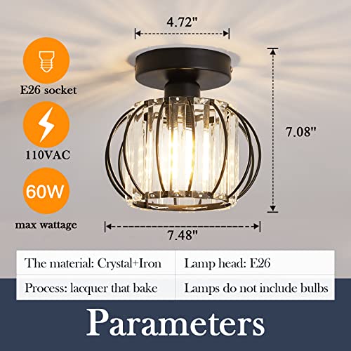 2 Pack Semi Flush Mount Ceiling Light Fixture Modern Small Crystal Chandelier Mini Indoor Ceiling Lamp for Bathroom Hallway Foyer Porch Hall Closet（Black） (2 Count)