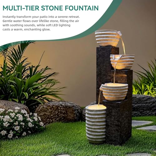 40" H Multilayer Cascading Outdoor Water Fountain with LED Lights & Pump