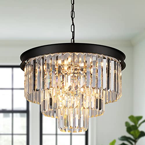 Black Crystal Chandelier Modern 20" Round Light Fixtures for Living Room