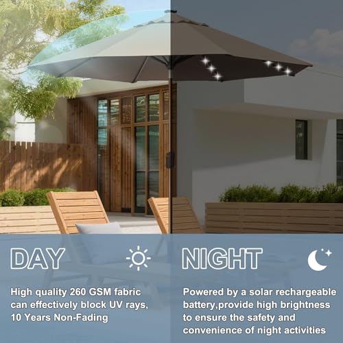 USA 10-Year-Non-Fading 10ft Market Patio Umbrella, Commercial Grade Table Sun Umbrella with 80 Solar LED Lights, Crank Open, Windproof & UPF 50+ UV Protection for Garden, Deck, Pool, Backyard, Heather Beige