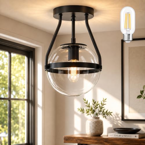 8 Inch Mid Century Ceiling Light Modern Black Semi Flush Mount Ceiling Light with Clear Glass Shade Globe Semi Flush Mount Ceiling Light Fixture for Bedroom Hallway Bathroom Foyer