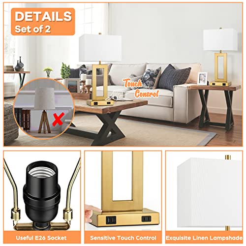 22" Gold Modern Table Lamp Set of 2 with 2 USB Ports&AC Outlet (2 Count)