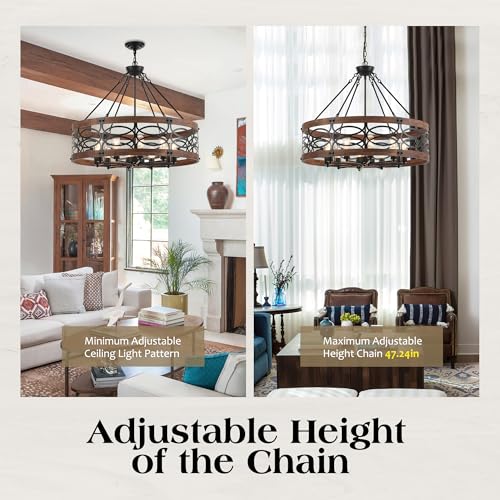 10 Light Farmhouse Drum Wood Pendant Light