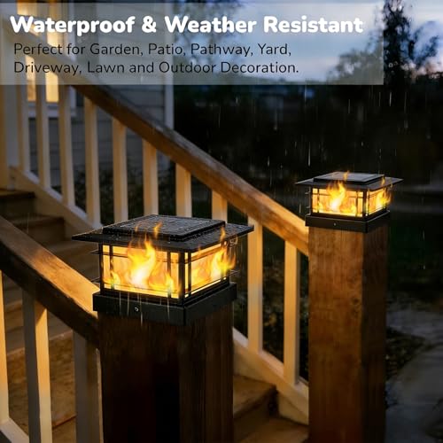 4x4 Solar Post Cap Lights Outdoor with Flickering Flame Light (2 Count)