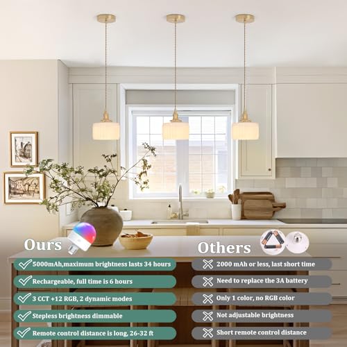 Battery Operated Pendant Light 5000mAh Rechargeable Chandelier with Remote Control Wireless Adjustable Hanging White Striped Light for Kitchen Island Dining Room Hallway (2 Count)