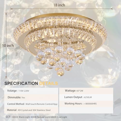 18" Gold Crystal Flush Mount Chandelier Modern LED Ceiling Light Fixture