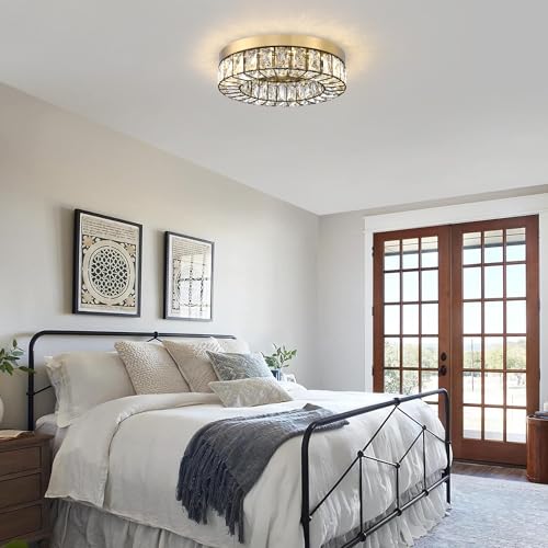 Crystal LED Flush Mount Ceiling Light Fixtures Modern Black and Gold LED Chandelier Lighting for Kitchen Closet Hallway Bedroom Foyer Laundry Room